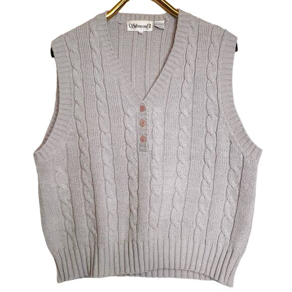 Vintage Womens 22W Pale Gray Cable Knit Sweater Vest Pullover V Neck Buttons - Picture 1 of 6